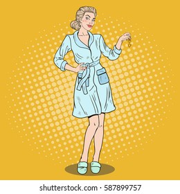 Pop Art Beautiful Woman Holding Golden Key. Vector illustration