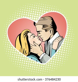 Pop art beautiful woman and man kissing. Cartoon romantic couple in love. Vintage advertising poster for Valentine Day with heart shaped frame. Comic hand drawn vector illustration.