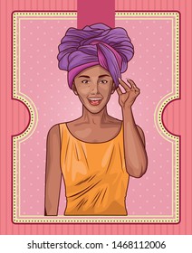 Pop art beautiful woman on round emblem with floral wreath cartoon ,vector illustration graphic design.