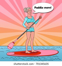 Pop Art Beautiful Woman on the Stand Up Paddle Board. Female Surfer in Swimsuit on SUP. Vector illustration