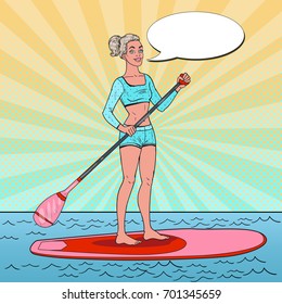 Pop Art Beautiful Woman on the Stand Up Paddle Board. Girl in Swimsuit on SUP. Vector illustration