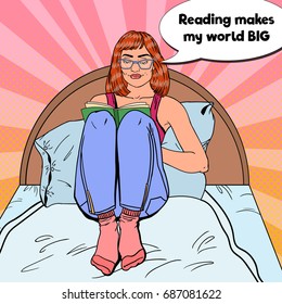 Pop Art Beautiful Woman Reading Book in Bed. Relaxing at Home. Vector illustration