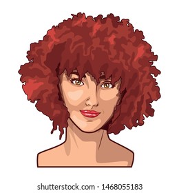 Pop art beautiful woman with red curly hair face smiling ,vector illustration graphic design.