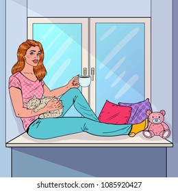 Pop Art Beautiful Woman Relaxing at Home with Cup of Coffee and Cat. Vector illustration