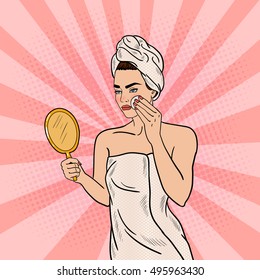 Pop Art Beautiful Woman Removing Makeup from her Face in Bathroom. Vector illustration