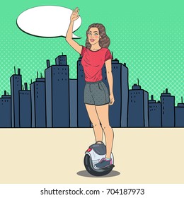 Pop Art Beautiful Woman Riding Solowheel in the City. Urban Electric Transport. Vector illustration