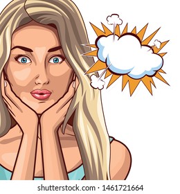 Pop art beautiful woman with scream speech bubble cartoon isolated, vector illustration graphic design.