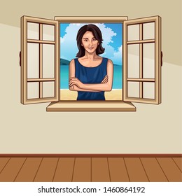 Pop art beautiful woman with short hair profile cartoon looking from the window ,vector illustration graphic design.