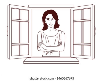 Pop art beautiful woman with short hair profile cartoon looking from the window ,vector illustration graphic design.