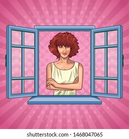 Pop art beautiful woman smiling with curly hair cartoon looking from the window on pink background ,vector illustration graphic design.