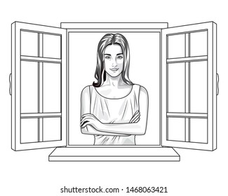 Pop art beautiful woman smiling with casual clothes cartoon looking from the window ,vector illustration graphic design.