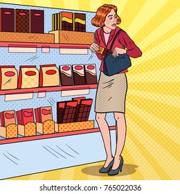 Mujer guapa y pop robando comida en supermercado. Concepto de Kleptomania en tiendas. Ilustración del vector