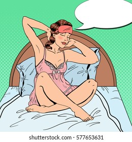 Pop Art Beautiful Woman Stretching Up after Wake Up in Bed. Vector illustration