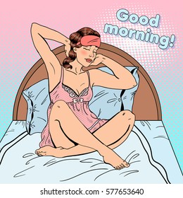 Pop Art Beautiful Woman Stretching Up after Wake Up in Bed. Vector illustration