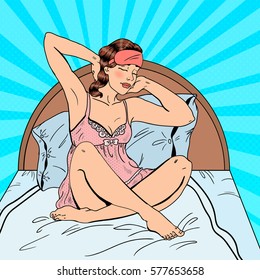 Pop Art Beautiful Woman Stretching Up after Wake Up in Bed. Vector illustration
