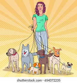 Pop Art Beautiful Woman Walking with Many Dogs of Different Breeds. Vector illustration