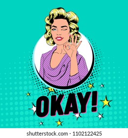 Pop Art Beautiful Woman Winking and Showing Sign OK. Joyful Girl Vintage Poster with Comic Speech Bubble. Pin Up Advertising Placard Banner. Vector illustration