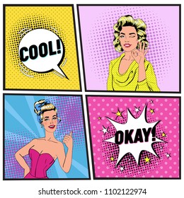 Pop Art Beautiful Woman Winking and Showing Sign OK. Joyful Girl Showing Thumb Up. Vintage Poster with Comic Speech Bubble. Pin Up Advertising Placard Banner. Vector illustration