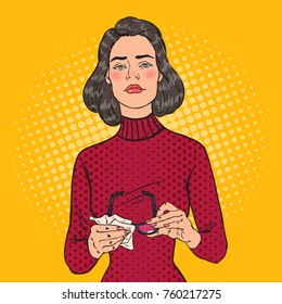 Pop Art Beautiful Woman Wiping his Eyeglasses with Rag. Vector illustration