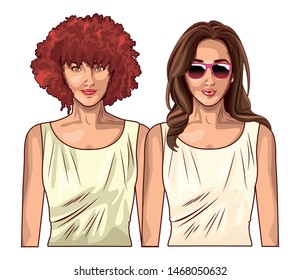 Pop art beautiful women smiling with casual clothes and glasses ,vector illustration graphic design.