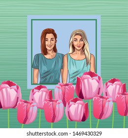 Pop art beautiful women smiling with casual clothes on floral spring frame card ,vector illustration graphic design.