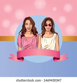 Pop art beautiful women smiling with casual clothes and glasses cute pink and purple card with blank ribbon banner ,vector illustration graphic design.