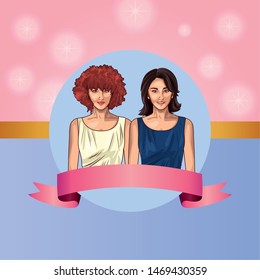 Pop art beautiful women smiling with casual clothes cute pink and purple card with blank ribbon banner ,vector illustration graphic design.
