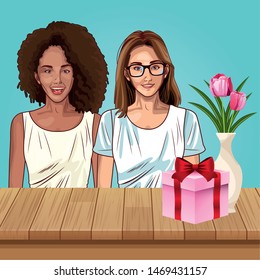 Pop art beautiful women smiling with casual clothes and glasses seated on table with gift box and flower vase ,vector illustration graphic design.