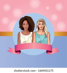 Pop art beautiful women smiling with casual clothes cute pink and purple card with blank ribbon banner ,vector illustration graphic design.