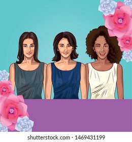 Pop art beautiful women smiling with casual clothes on floral spring frame card ,vector illustration graphic design.