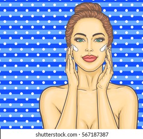 Pop art beautiful young woman makes a face massage