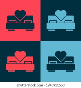 Pop art Bedroom icon isolated on color background. Wedding, love, marriage symbol. Bedroom creative icon from honeymoon collection.  Vector