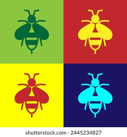 Icono de abeja de arte Pop aislado sobre fondo de color. Dulce comida natural. Abeja o apis con símbolo de alas. Un insecto volador.  Vector