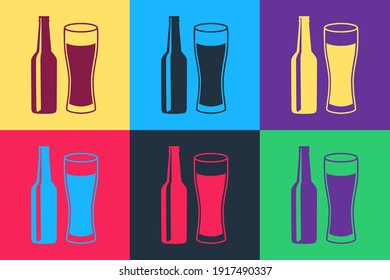 Pop art Beer bottle and glass icon isolated on color background. Alcohol Drink symbol. Vector.