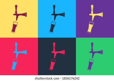 Pop art Beer tap with glass icon isolated on color background. Vector.
