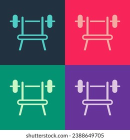 Pop art Bench with barbell icon isolated on color background. Gym equipment. Bodybuilding, powerlifting, fitness concept.  Vector