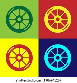 Pop art Bicycle wheel icon isolated on color background. Bike race. Extreme sport. Sport equipment.  Vector