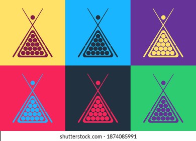 Pop art Billiard cue and balls in a rack triangle icon isolated on color background. Vector.