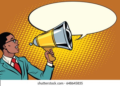 Pop art black businessman with a megaphone. Pop art retro vector illustration