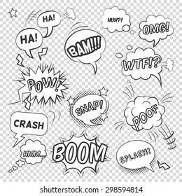 Pop art black white bubbles set with sound effects and exclamations on transparent background flat vector illustration 
