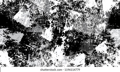 Pop Art Black and White Distress Grunge Brush Texture. Distressed Grungy Seamless Pattern Design. Dirty Cracked Wall Texture. Monochrome Print Design Background.