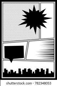 Pop Art Black White Empty Backdrop Mock Up. Vector Illustration Halftone Dot Mockup For Comic Text. Silhouette City Boom Explosion. Speech Bubble Balloon. Comics Book Monochrome Template Background.