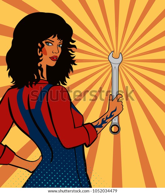 Pop art, black-haired girl mechanic with a\
wrench. Vector drawing