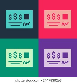 Pop art Blank template of the bank check and pen icon isolated on color background. Checkbook cheque page with empty fields to fill.  Vector