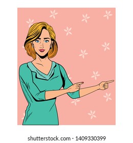 Pop art blonde businesswoman in dress pointing with background frame vector illustration graphic design