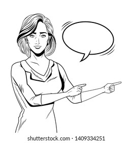 Pop art blonde businesswoman in dress pointing with speech bubble black and white vector illustration graphic design