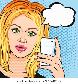 Pop Art blonde positive woman holding new mobile phone with speech bubble for text.