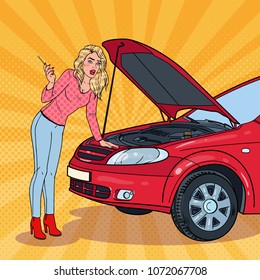 Pop Art Blonde Woman with Broken Car. Engine Breakdown. Vector illustration