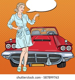 Pop Art Blonde Woman with Car Keys. Vector illustration