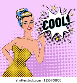 Pop Art Blonde Woman Posing with Thumb Up Sign. Joyful Girl Vintage Poster with Comic Speech Bubble. Pin Up Advertising Placard Banner. Vector illustration